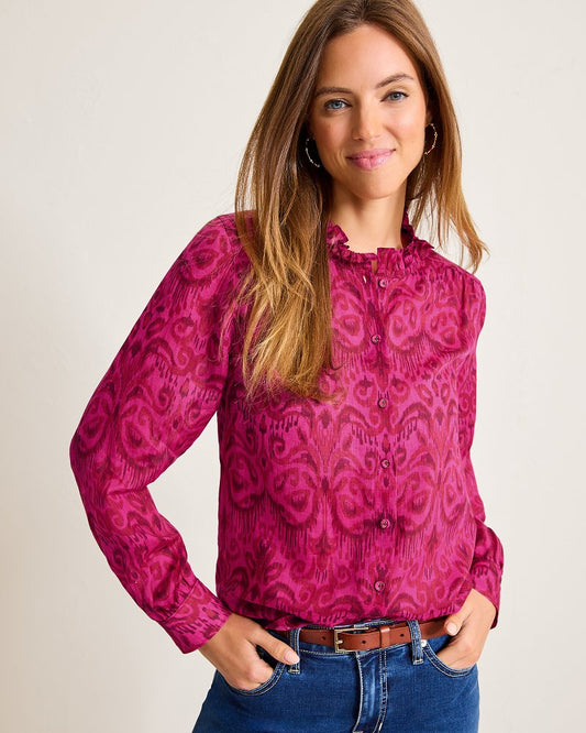 Tommy Bahama Seaside Ikat Long-Sleeve Ruffle-Neck Top