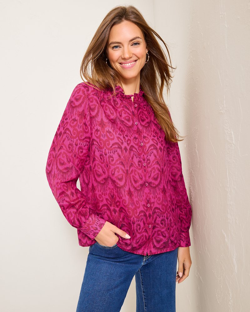 Tommy Bahama Seaside Ikat Long-Sleeve Ruffle-Neck Top