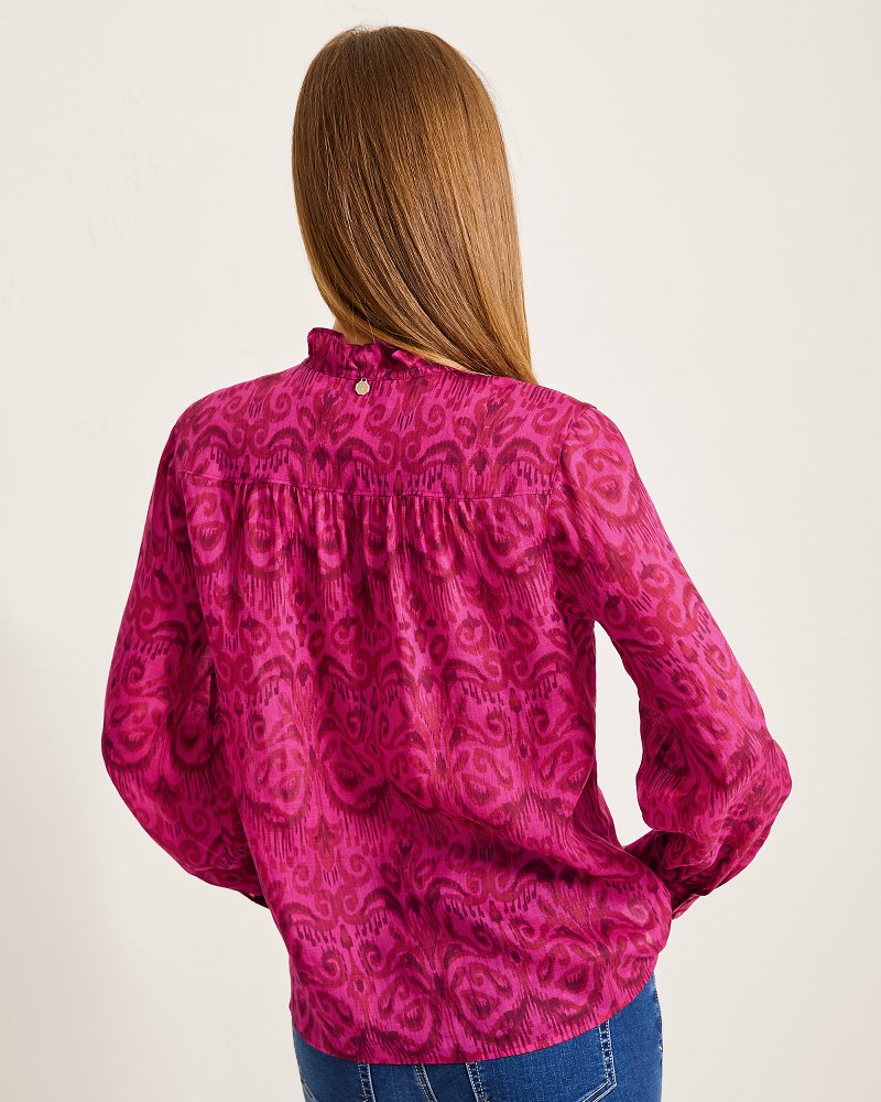 Tommy Bahama Seaside Ikat Long-Sleeve Ruffle-Neck Top