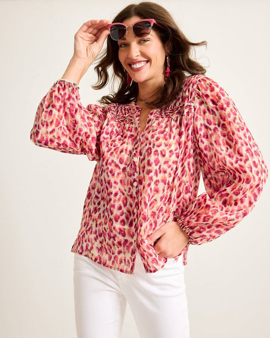 Tommy Bahama Jeweled Jaguar Pintuck Blouse