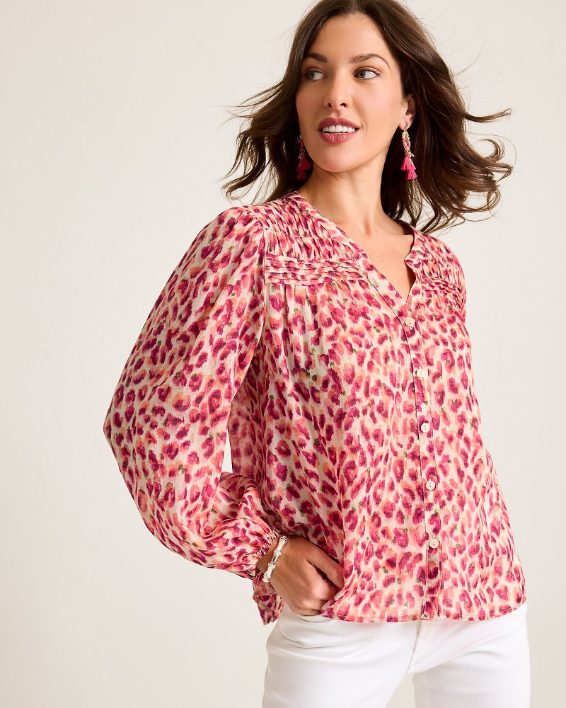 Tommy Bahama Jeweled Jaguar Pintuck Blouse