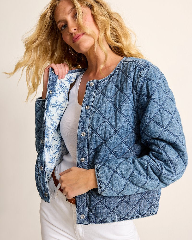 Tommy Bahama Quilted Cropped Denim Jacket